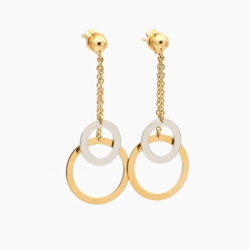 Pendientes largos realizados en oro amarillo y blanco de 18k con forma de cadenita y dos círculos calados. Pendientes largos realizados en oro amarillo y blanco de 18k con forma de cadenita y dos círculos calados.