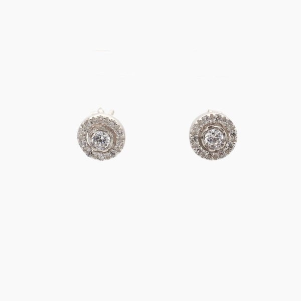 Pendientes de oro blanco de 18k con una circonita central y corona de pequeñas circonitas