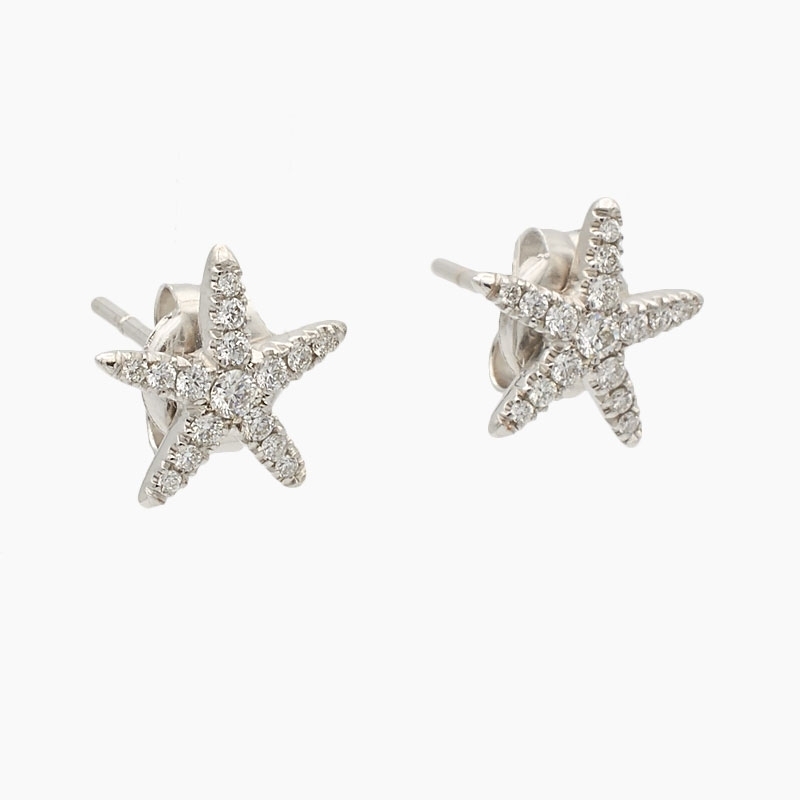 Pendientes de oro blanco de primera ley y diamantes. Diseño de estrella de mar. Cierre de presión. 2