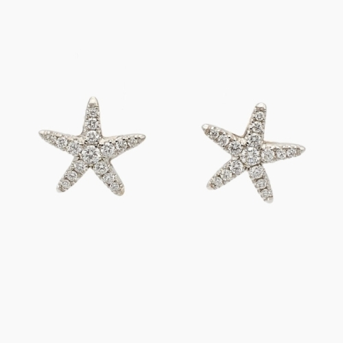 Pendientes de oro blanco de primera ley y diamantes. Diseño de estrella de mar. Cierre de presión.