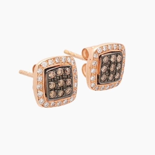Pendientes en oro rosa de 18kts de forma cuadrada, con interior engastado en pavé de diamantes brown rodeado de orla de diamante Pendientes en oro rosa de 18kts de forma cuadrada, con interior engastado en pavé de diamantes brown rodeado de orla de diamante