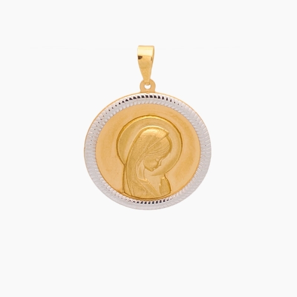 Medalla de moderno diseño en oro amarillo y blanco de 18 kts con imagen de la Virgen Niña.