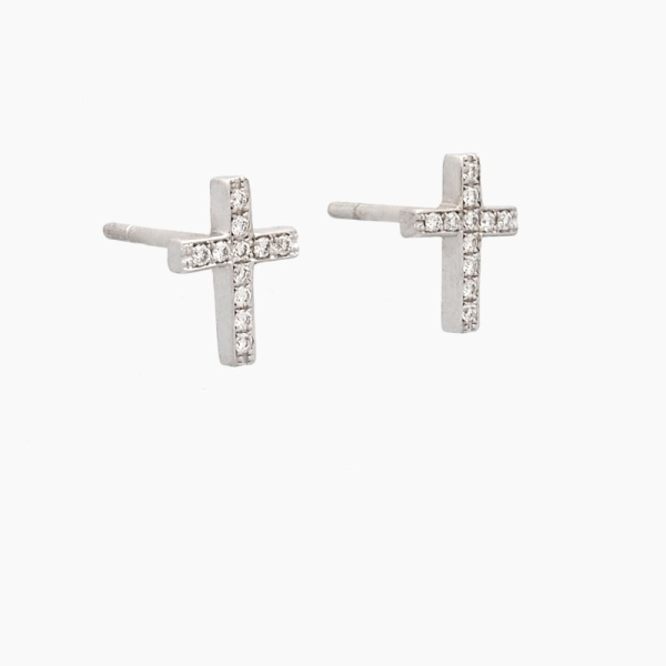 Pendientes con forma de cruz realizados en oro blanco de primera ley y diamantes. Cierre de presión.