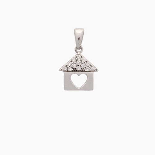 Colgante con original diseño en forma de casita con corazón calado en el interior realizado en oro blanco de primera ley y circo Colgante con original diseño en forma de casita con corazón calado en el interior realizado en oro blanco de primera ley y circo