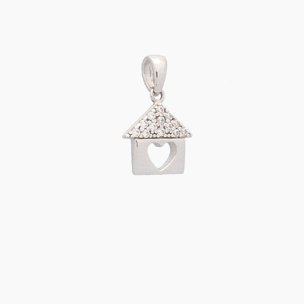 Colgante con original diseño en forma de casita con corazón calado en el interior realizado en oro blanco de primera ley y circo