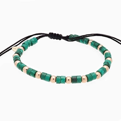 Pulsera moderna unisex compuesta por bolas de oro rosa de primera ley, piedras naturales y macramé negro