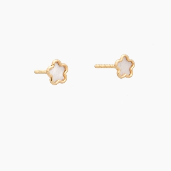 Pendientes de bebé con forma de flor realizados en oro amarillo de 18 ct y nácar, con cierre de rosca