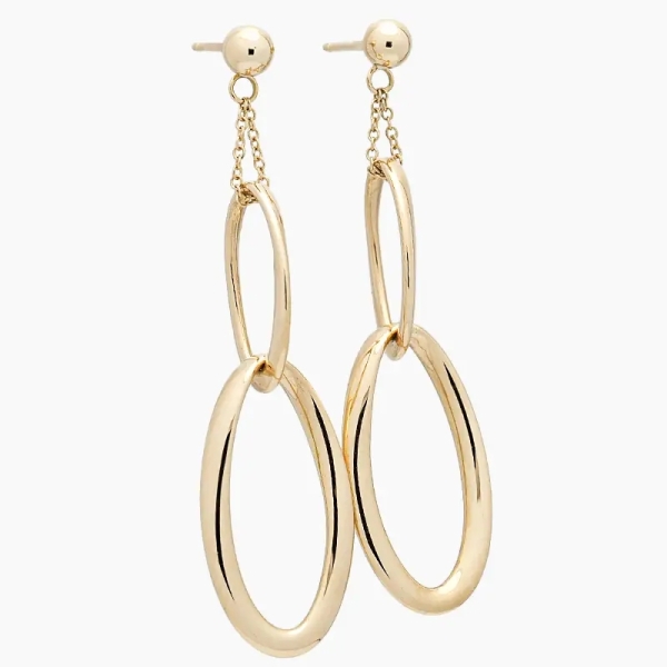 Pendientes largos en oro amarillo con cierre de presión con bola arriba, cadena y dos óvalos
