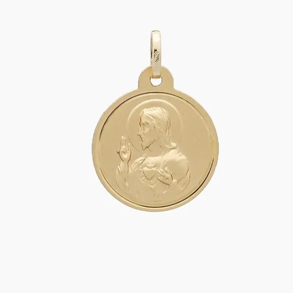 Medalla escapulario con la Virgen del Carmen por una cara y el Sagrado Corazón por la otra, con bisel alrededor. En oro amarillo