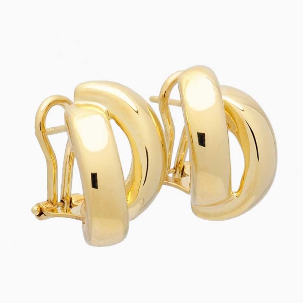 Pendientes de diseño elegante con doble banda lisa y cierre de omega, realizados en oro amarillo de 18 ct