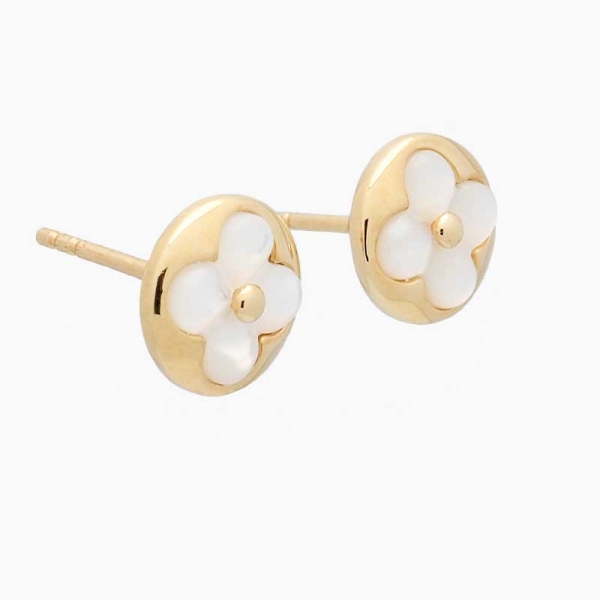 Pendientes de botón con una flor de nácar en el centro, realizados en oro amarillo de primera ley y cierre de presión
