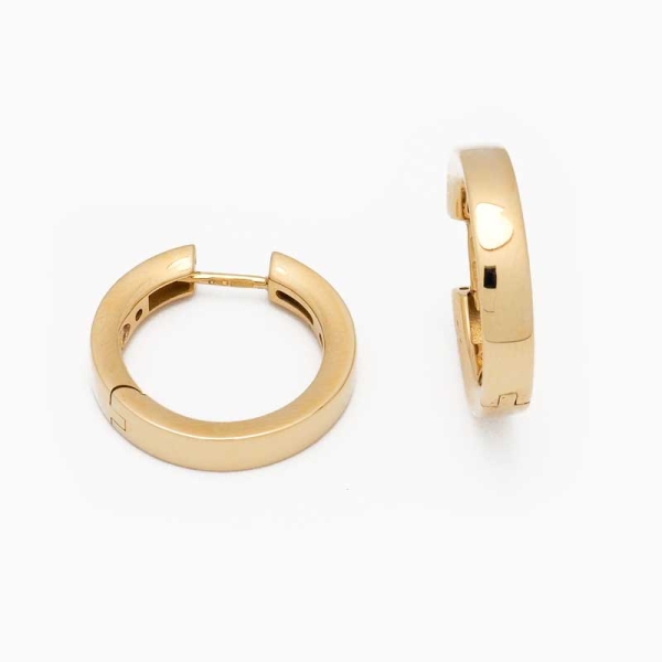 Pendientes de diseño elegante con forma de aros, planos por fuera e interior redondeado. Cierre oculto
