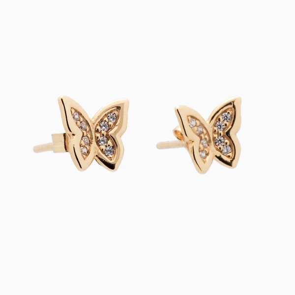 Pendientes con forma de mariposa, realizados en oro amarillo de primera ley y circonitas. Cierre de presión.