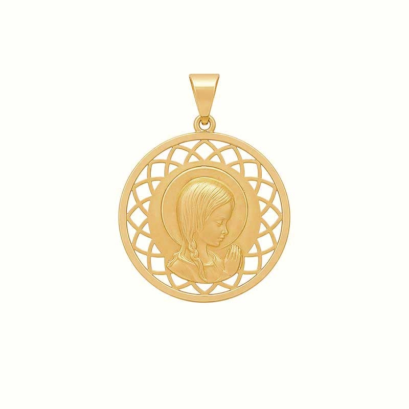 Medalla calada de la Virgen Niña en oro amarillo y blanco