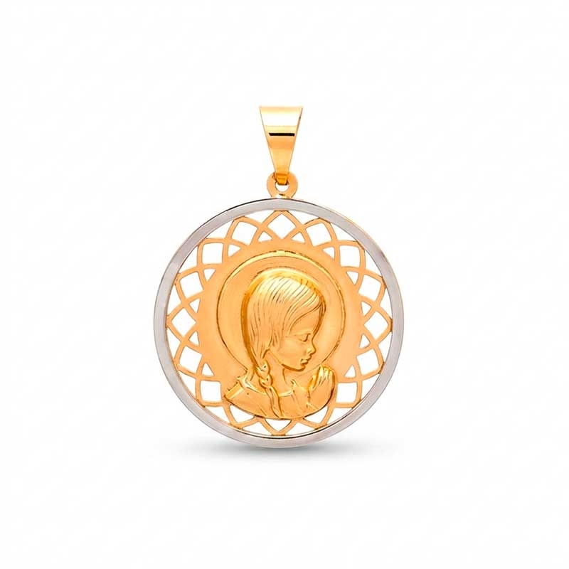 Medalla calada de la Virgen Niña en oro amarillo y blanco