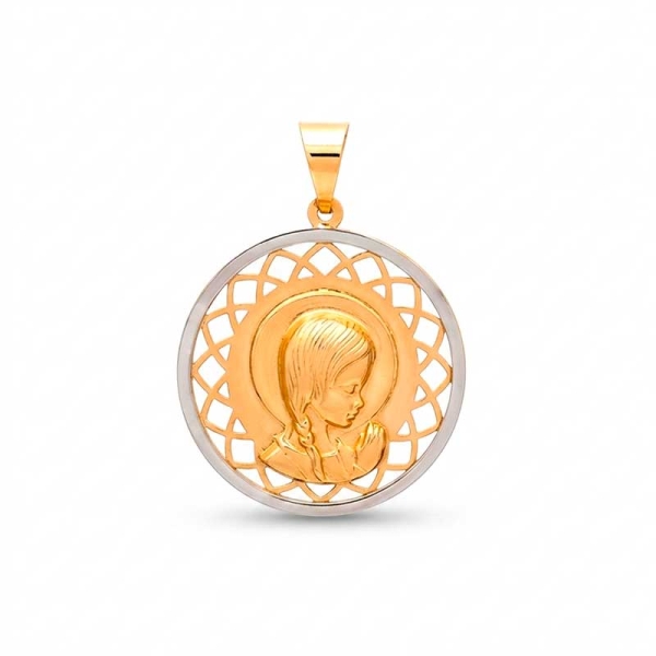 Medalla calada de la Virgen Niña en oro amarillo y blanco