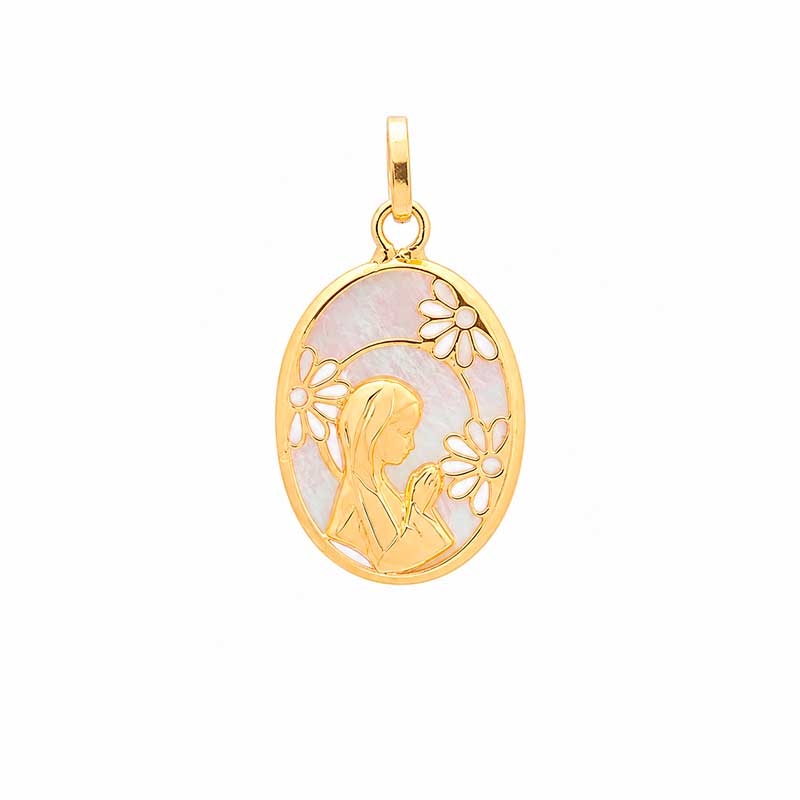 Medalla de nácar de la Virgen Niña en oro amarillo