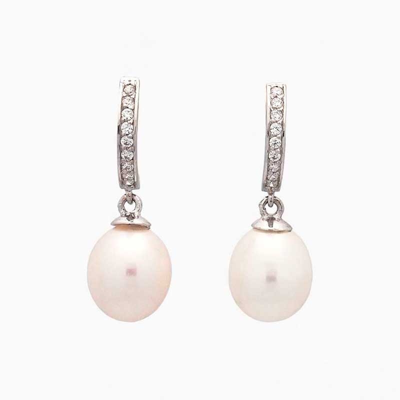 Pendientes de oro blanco con perla y circonitas | Joyería Firenze
