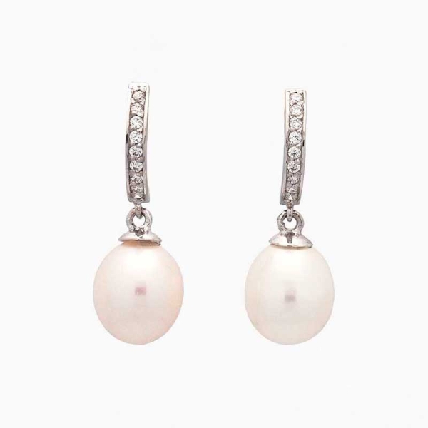 Pendientes de oro blanco con perla y circonitas | Joyería Firenze