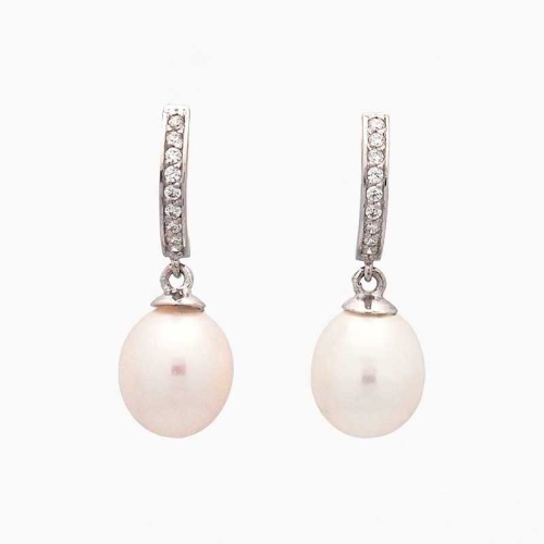 Pendientes de oro blanco con perla y circonitas | Joyería Firenze