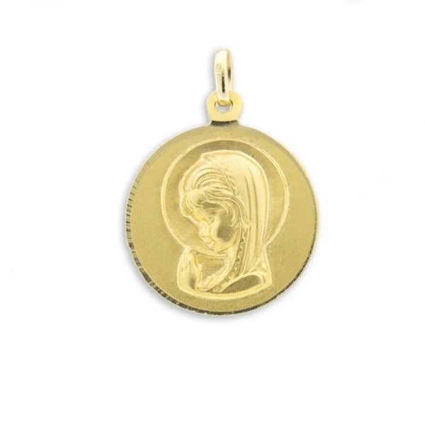 Clásica medalla redonda de la virgen niña realizada en oro de 18K.
OPCIONAL:  Cadena de corte clasico en oro 1ª ley