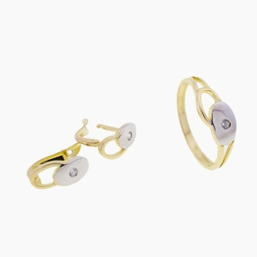 Juego en oro de 18k bicolor con piezas en forma de gota y circonitas